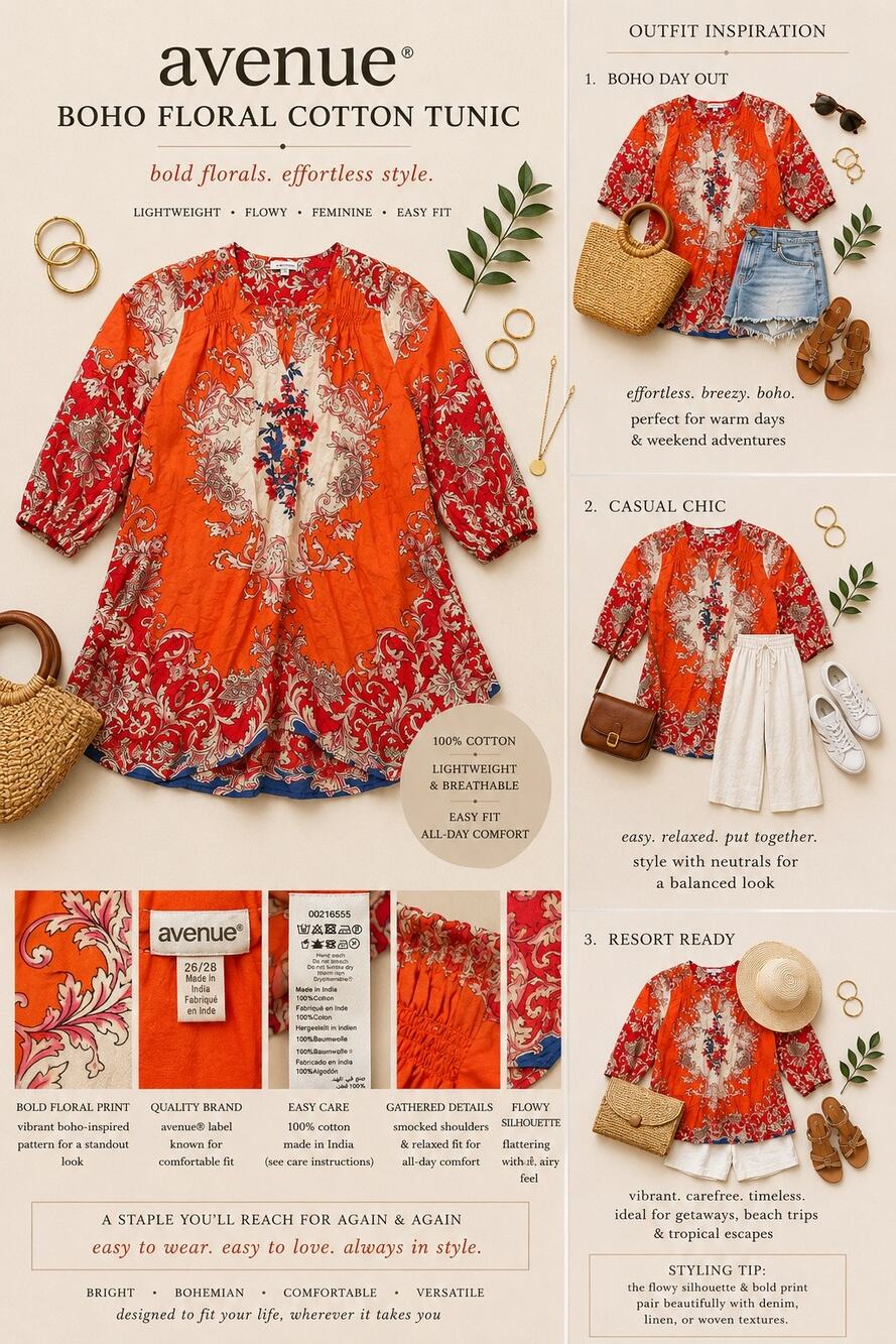 Avenue Boho Floral Tunic Top 100% Cotton Orange Red Plus Size 26/28